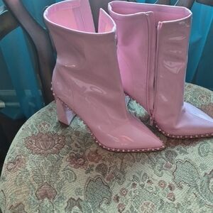 Steve Madden Pink Patent Pointed-Toe Ankle Boots with Jeweled Trim